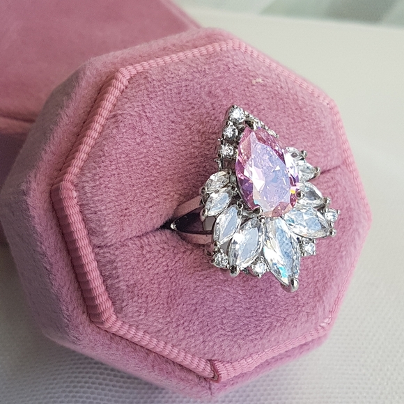 Swarovski Elements 925 Sterling Silver Pink Teardrop Marquis Statement Ring NEW - Picture 1 of 13